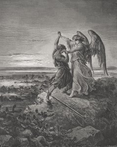 Jacob Wrestling with the Angel, Genesis 32:24-32, ilustracja z "The Holy Bible" Dore