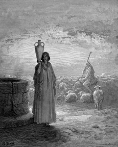 Jakub, trzymający stada Labana, widzi Rachelę przy studni, 1866 autorstwa Gustave Dore