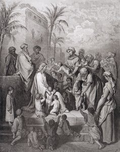 Jezus błogosławiący dzieci, grawerowany przez Stephane Pannemaker (1847-1930) ok. 1868 r. autorstwa Gustave Dore