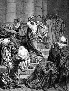 Jezus Chrystus ściga kupców Świątyni. Ilustracja Gustave