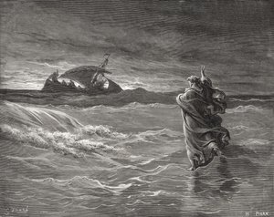 Jezus kroczący po morzu, Jan 6:19-21, ilustracja z „Pismo Świętej” Dore