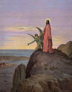 Jezus na pustyni, poddany kuszeniu diabła - Kuszenie Chrystusa - Szatan kusił Jezusa - rycina Gustave Dore - późniejsza kolorystyka autorstwa Gustave Dore