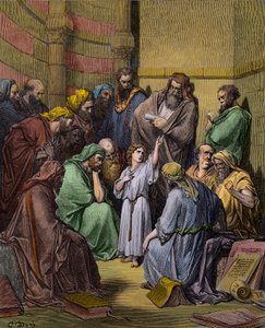 Jezus z lekarzami w świątyni - Jezus w świątyni wśród lekarzy - rycina Gustave Dore (1832-1883) - późniejsza kolorystyka autorstwa Gustave Dore