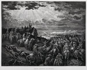 Jozue sprawia, że słońce się zatrzymuje, ilustracja z Biblii Dore autorstwa Gustave Dore
