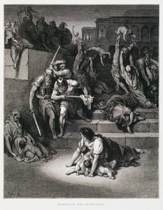 Król Herod zarządza masakrę niewinnych ludzi, ilustracja z Biblii Dore autorstwa Gustave Dore