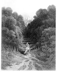 Lancelot zbliża się do zamku w Astolat, ilustracja z „Idylls of the King” Alfreda Tennysona (lito) autorstwa Gustave Dore