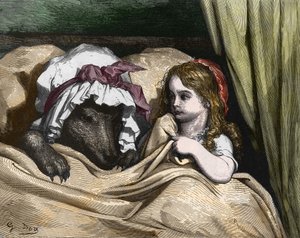 Czerwony Kapturek i Wilk nie lubią babci. Ilustracja autorstwa Gustave Dore autorstwa Gustave Dore