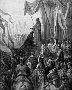 Ludwik VII (1120 - 1180) klęczący przed św. Bernardem z Clairvaux (San Bernardo di Chiaravalle) w Vezelay. Grawerowanie przez Gustave Doré. 19 wiek autorstwa Gustave Dore