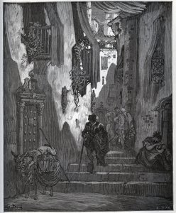 Luscinde wysyła bilet do Cardenio - z „Don Kichota z Manchy” Miguela Cervantesa (1547-1616) (Don Kichota) - Drzeworyt wg rysunku Gustave