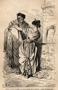 Mężczyzna i kobieta z ludu mają fontannę w Carmona, wiosce niedaleko Sewilli. Szkic wykonany na żywo przez Gustave Dore (1832-1883). Rycina ilustrująca podróż w Hiszpanii, w 1862 r. autorstwa Charlesa Davilliera i Gustave