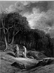Merlin i Viviane w lesie Brocéliande - w „”Viviane” Alfreda Tennysona, ilustracja G. Doré autorstwa Gustave Dore