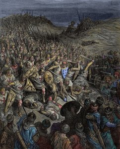 Średniowiecze: Pierwsza krucjata. Krucjata Godefroy de Bouillon pokonująca siły muzułmańskie (Turcy Sułtanatu Rumu) sułtana Kilija Arslan a Dorylee (Doryleum, Dorylaion) w Azji Mniejszej autorstwa Gustave Dore
