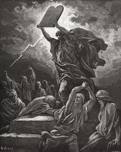 Mojżesz łamiący tablice prawa, Księga Wyjścia 32:19, ilustracja z „The Holy Bible” Dore