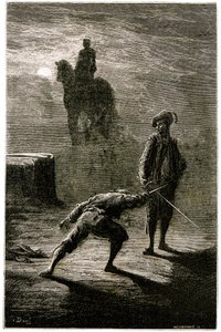 Nocny pojedynek w świetle księżyca między baronem de Sigognac i Jacqueminem Lampourde, pod konnym posągiem króla z brązu. Rycina Gustave
