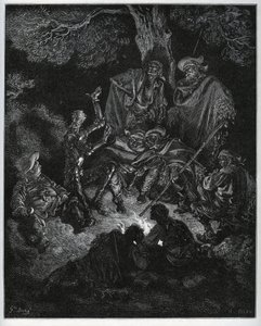 Lampka nocna, w której Don Kichot opowiada historię świata kozom i Sancho Pansa – z „Don Kichota z Manchy” Miguela Cervantesa (1547-1616) (Don Kichota) – Drzeworyt wg rysunku Gustave