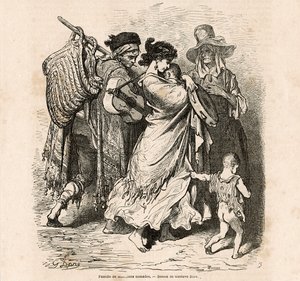 Nomadzka rodzina muzyków (grawerunek) autorstwa Gustave Dore
