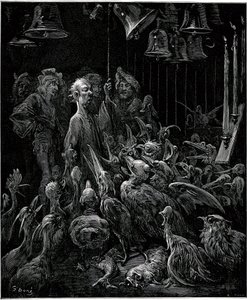Na wyspie Sonnante Panurge sprawia, że ptaki śpiewają, bijąc w dzwony - ilustracja Gustave