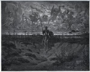 Podczas tej podróży nasz nowy poszukiwacz przygód przemówił do siebie – z „Don Kichota z Manchy” Miguela Cervantesa autorstwa Gustave Dore