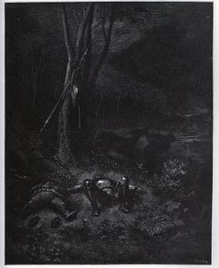 Jeden z uciekinierów, Gines de Passamont, podczas snu dwóch podróżników kradnie osła Sancho Pansa - z „Don Kichota z Manchy” Miguela Cervantesa (1547-1616) (Don Kichota) - Drzeworyt wg rysunku Gustave