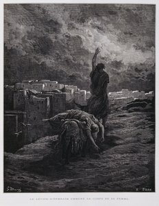 Oburzenie w Gibea, Lewita niesie swoją martwą konkubinę, ilustracja z Biblii Dore