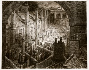 Over London – koleją, z „Londyn, a pielgrzymka”, napisany przez Williama Blancharda Jerrolda (1826-94) i wygrawerowany przez Pannemakera, wyd. 1872 autorstwa Gustave Dore