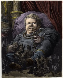 Pantagruel, syn Gargantui, karmi się mlekiem 4600 krów - Pantagruel, syn Gargantui, karmi się mlekiem 4600 krów - ilustracja z "Gargantua i Pantagruel", autorstwa Francois Rabelais - rycina Gustave Dore (1832-1883) ) autorstwa Gustave Dore
