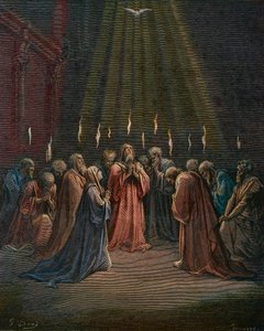 Pięćdziesiątnica - Pięćdziesiątnica (przyjście Ducha Świętego) - Pięćdziesiątnica, zstąpienie Ducha Świętego, rycina Gustave Dore (1832-1883) - późniejsza kolorystyka autorstwa Gustave Dore