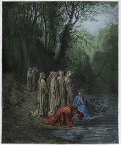 Purgatorio, Canto 33: Dante pije z rzeki Eunoe, ilustracja z „Boskiej komedii” Dantego Alighieri, 1885 autorstwa Gustave Dore