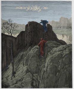 Purgatorio, Canto 4: Wergiliusz prowadzi Dantego na surowe zbocze góry, ilustracja z „Boskiej komedii” Dantego Alighieri, 1885 autorstwa Gustave Dore
