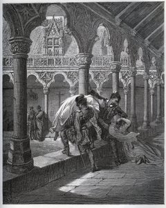 Recytacja Don Fernanda; zabiera Luscinde z klasztoru, w którym się schroniła - przed „Don Kichotem z Manchy” Miguela Cervantesa (1547-1616) (Don Kichota) - Drzeworyt wg rysunku Gustave