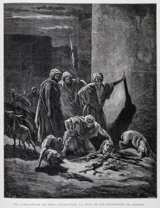 Szczątki królowej Jezebel po tym, jak została wyrzucona z okien pałacu, ilustracja z Biblii Dore