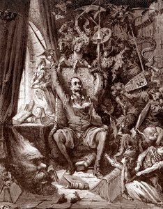 Representação de Dom Quixote em sua biblioteca rodeado pelas criaturas de seus livros Gravura de Gustave Dore (1832-1883) para “L
