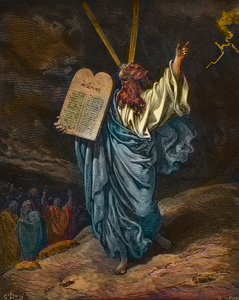Przedstawienie Mojżesza z nowymi Tablicami Prawa na Górze Synaj - rycina Gustave Dore (1832-1883) - późniejsza kolorystyka autorstwa Gustave Dore