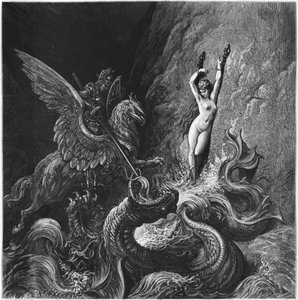 Ruggiero ratujący Angelikę, ilustracja z Pieśni X „Orlando Furioso” Ludovico Ariosto (1474-1533) wydana 1888, Paryż (rycina) autorstwa Gustave Dore