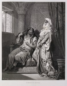 Samson i Delilah, rozdział 16 Księgi Sędziów Starego Testamentu, ilustracja z Biblii Dore