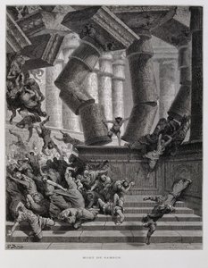 Samson niszczy świątynię Baala, ilustracja z Biblii Dore