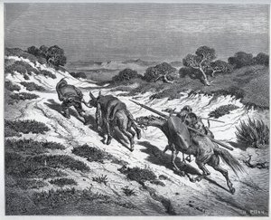 Sancho Pansa, Don Kichot i ich wierzchowce po klęsce z Yangerami – z „Don Kichota de la Mancha” Miguela Cervantesa (1547-1616) (Don Kichota) – Drzeworyt według rysunku Gustave