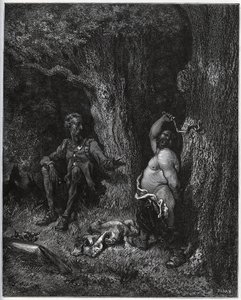 Sancho Pansa leci przed Don Kichotem, aby spełnić życzenie Merlina i tym samym odczarować Dulcinee od Toboso. Don Kichot nakłania go do umiarkowania jego zapału – z „Don Kichota z Manchy” Miguela Cervantesa (1547-1616) (Don Kichota) – Drzeworyt autorstwa Gustave Dore