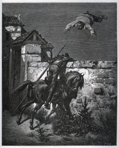 Sancho Pansa zostaje oszukany, a Don Kichot nie może interweniować – z „”Don Kichota z Manchy”” Miguela Cervantesa (1547-1616) (Don Kichota) – Drzeworyt według rysunku Gustave