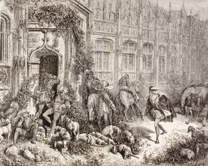 Scena ze Śpiącej królewny Charlesa Perraulta. Z El Mundo Ilustrado, opublikowanego w Barcelonie, około 1880 roku. autorstwa Gustave Dore