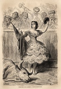 Scena walki byków: triumf Teresy Bolsi, andaluzyjskiej torrery, pozdrawiająca zgromadzenie, które go wielbią w Sewilli. Szkic wykonany na żywo przez Gustave Dore (1832-1883). Grawerowanie ilustrujące podróż w Hiszpanii, w 1862 przez Charlesa Davilliera i G autorstwa Gustave Dore