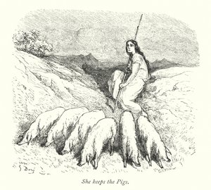 Ona trzyma świnie (grawerunek) autorstwa Gustave Dore