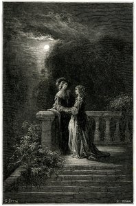 Sigognac i Isabelle: kochankowie w końcu zjednoczeni w świetle księżyca. W końcu miłość triumfuje! Rycina Gustave