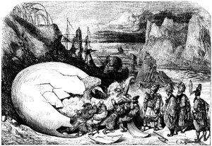 Sindbad żeglarz (Sinbad) - opowieść o tysiącu i jednej (1001) nocy - ilustracja Gustave Dore - wydanie Maxwell 1865 - Piąta podróż: kupcy towarzyszący Sindbadowi rozbijają skorupę gigantycznego jaja ptaka olbrzyma Roka, aby wydobyć ogromne dziecko autorstwa Gustave Dore