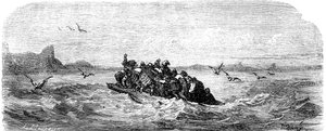 Sindbad żeglarz (Sinbad) - opowieść o tysiącu i jednej (1001) nocy - ilustracja Gustave Dore - wydanie Maxwell 1865 - Trzecia podróż: Sindbad i jego towarzysze płyną na pokładzie tratwy autorstwa Gustave Dore