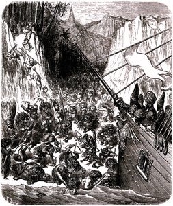 Sindbad Żeglarz (Sinbad) - Baśń z tysiąca i jednej (1001) nocy - ilustracja Gustave Dore - Trzecia podróż: Tempete wyrzuca statek Sindbada i jego towarzyszy na wyspę, gdzie zostają zaatakowani przez mnóstwo małych i ohydnych istot. autorstwa Gustave Dore