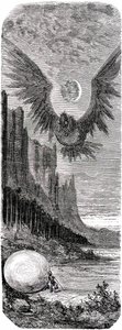 Sindbad żeglarz (Sinbad) - baśń tysiąca i jednej (1001) nocy - ilustracja Gustave Dore - wydanie Maxwell 1865 - Druga podróż: Sindbad odkrywszy na wyspie ogromne jajo gigantycznego ptaka Roca zostaje przez niego zaatakowany - przyp. tłum. autorstwa Gustave Dore