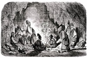 Sindbad żeglarz (Sinbad) - opowieść o tysiącu i jednej (1001) nocy - ilustracja Gustave Dore - wydanie Maxwell 1865 - Pierwsza podróż: Sindbad, porzucony na środku morza przez swoich towarzyszy, dotarł na wyspę i spotkał w jaskini palefrenie autorstwa Gustave Dore