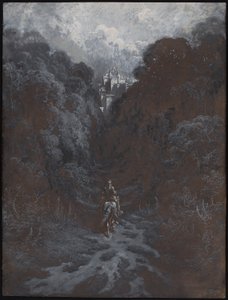 Sir Lancelot zbliża się do zamku Astolat autorstwa Gustave Dore