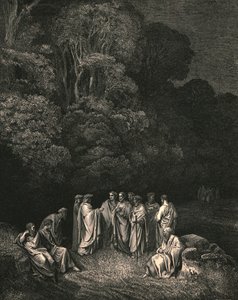 Ujrzałem więc zjednoczoną jasną szkołę jego monarchy najwznioślejszej pieśni, ok. 1890 r. autorstwa Gustave Dore